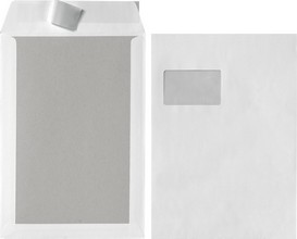 Pochettes dos carton blanche 229x324mmC4 auto-adhésives 120g fenêtre à gauche par 5