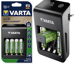 Chargeur LCD Plug Charger+ pour 4 piles rechargeable AA, AAA ou 1 bloc 9V, livré avec 4 piles AA