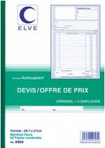 Carnet Devis-Offre de prix 50 feuillets numérotés autocopiants 297x210mm tripli