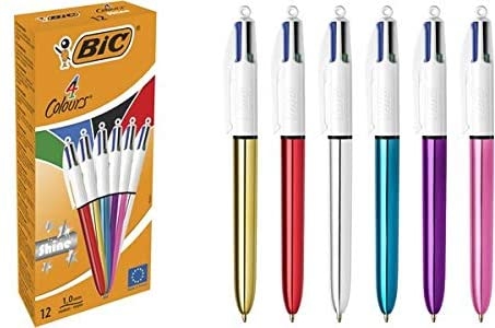 Stylos Bille Rétractables BIC 4 Couleurs Shine Corps Métallisé couleurs assorties par 12