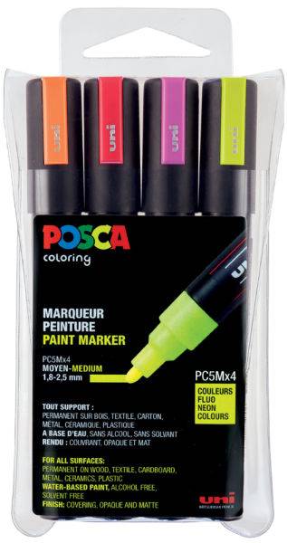 Marqueur peinture Posca PC-5M pointe conique moyenne 1,8-2,5mm étui 4 couleurs fluo