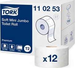 Papier toilette Premium mini rouleau jumbo 170m  2 plis pour distributeur T2 blanc par 12