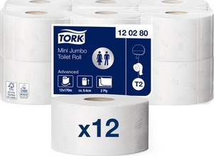 Papier toilette Advanced mini rouleau jumbo 170m 2 plis pour distributeur T2 blanc par 12