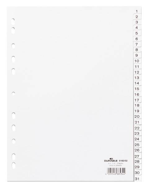 Intercalaires numériques plastique blanc A4 31 touches 1-31