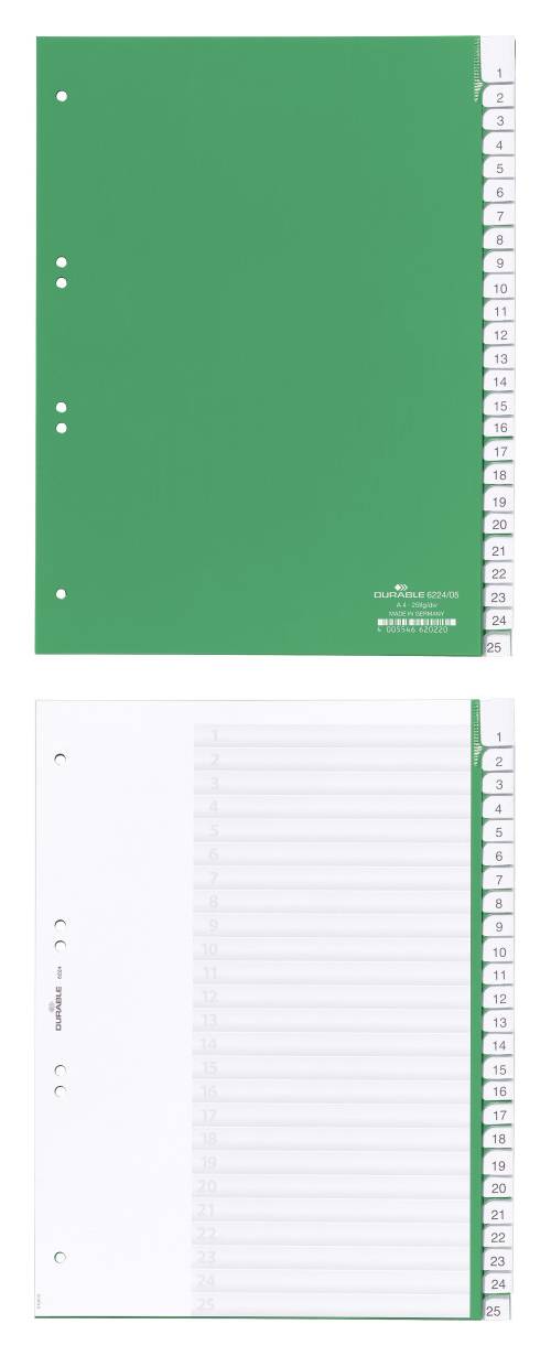 Intercalaires numériques plastique PP 0,12mm A4 vert 25 divisions